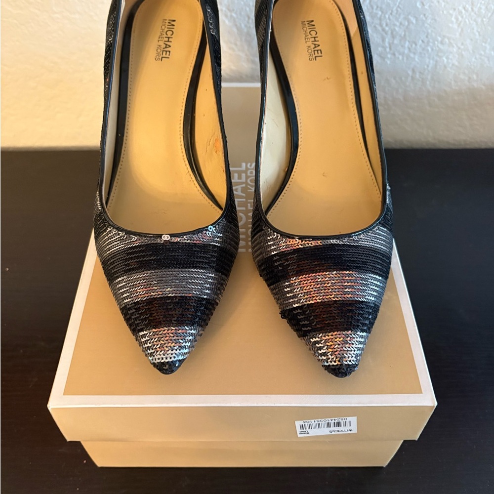 Michael Kors Striped Black and Silver sequined Heels